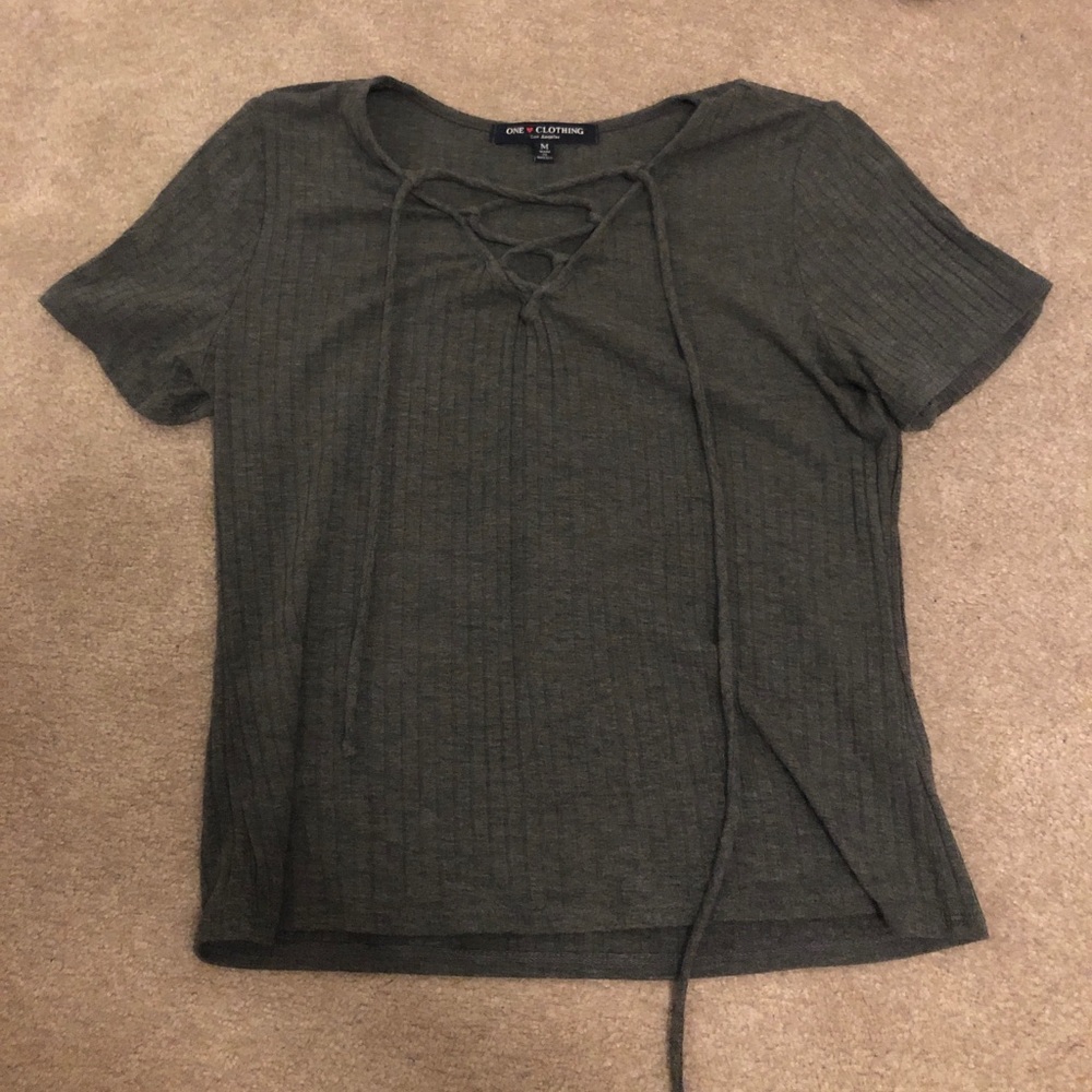 Grey Ribbed Tie Up Crop Top